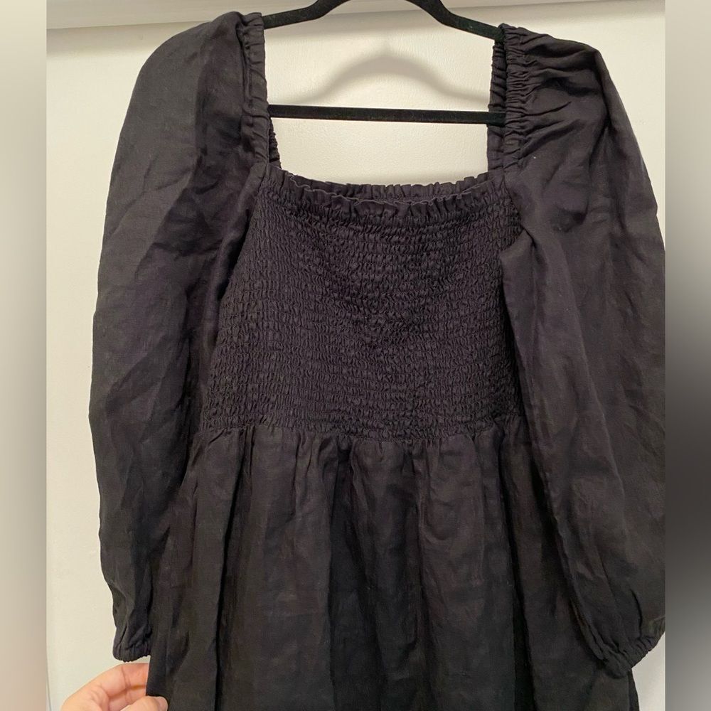J. Crew Linen Daydream Smocked Midi Dress, Large Tall, Black puff sleeve - Picture 4 of 8